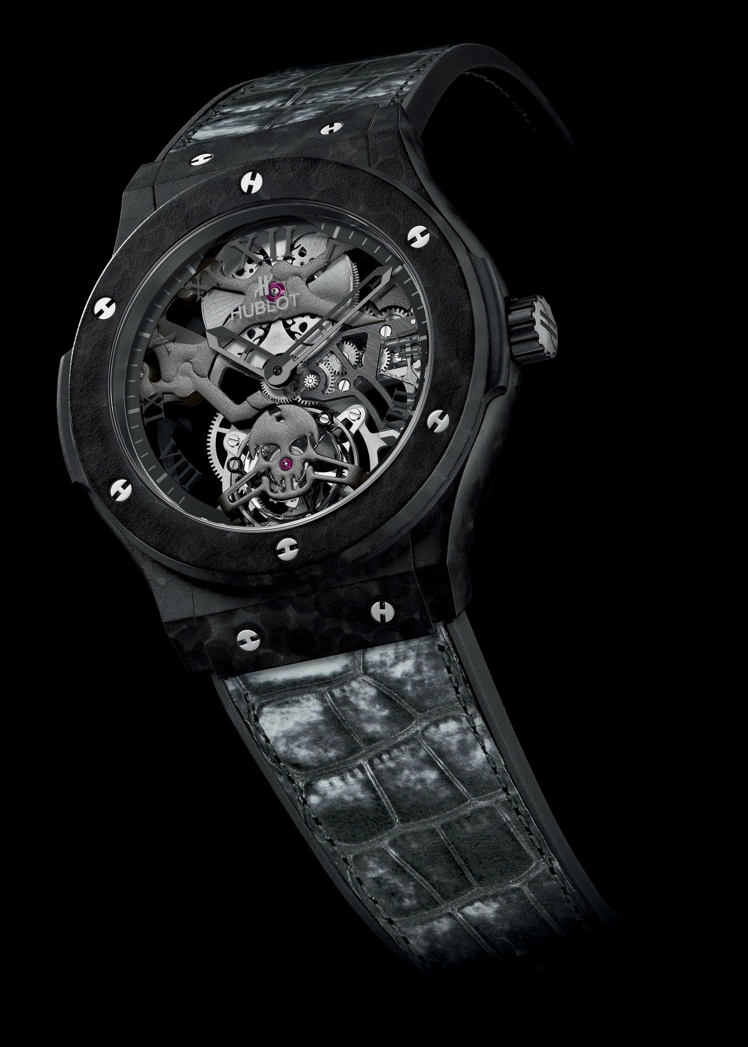 Replica Hublot 2014 New Classic Fusion Skeleton Tourbillon Skull Black Ceramic Replica Watch